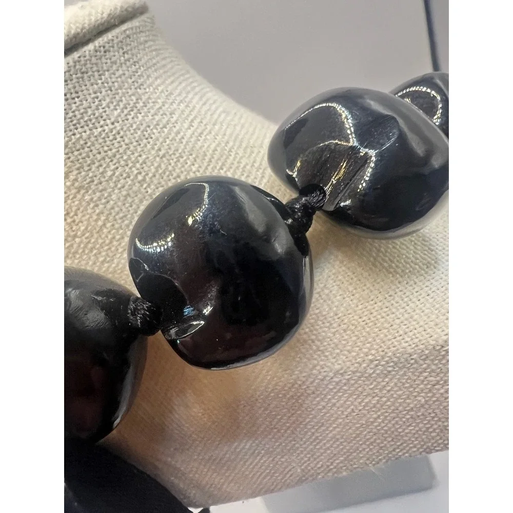 Kukui Nut Lei Necklace Black Polished Ribbon Tie Island Lightweight‎ Hawaiian